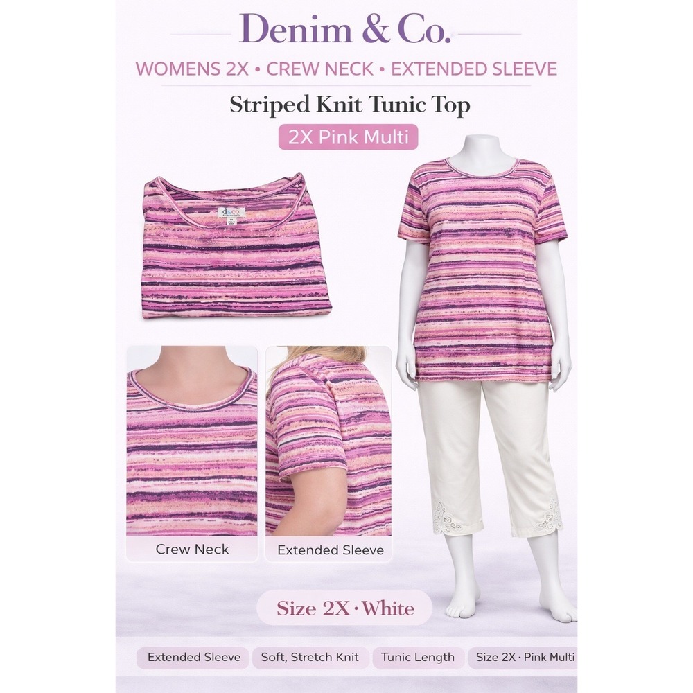 Denim & Co Womens 2X Pink Multi Striped Knit Tunic Top Extended Sleeve‎ A234553